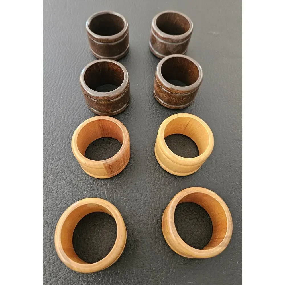 Vintage Wooden Napkin Rings Light/Dark Wood MCM Farmhouse Rustic Set Of 8